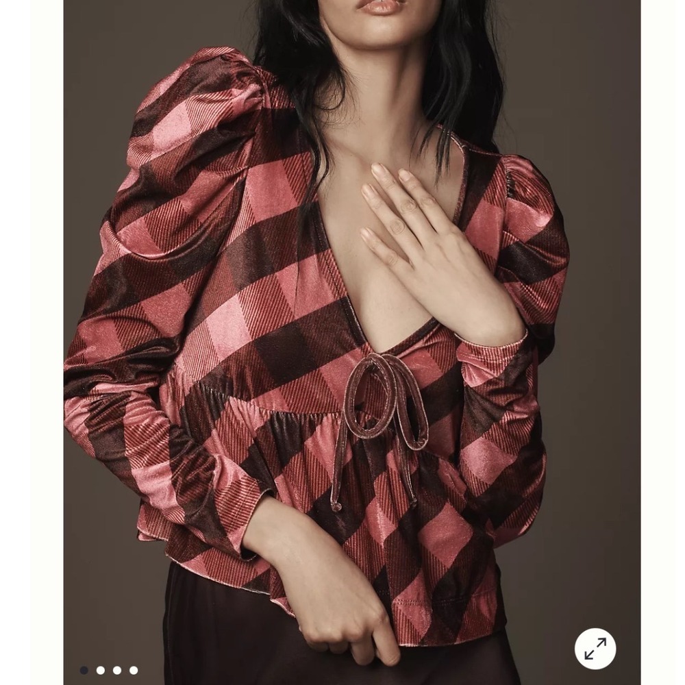 Anthropologie Maeve Velvet Babydoll Top XS Pink Plaid Romantic Balletcore Peplum